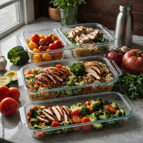 Healthy food in boxes, diet concept. Display with fresh cooked food in a canteen. Fresh grilled vegetables in hot buffet tray with closeup of woman using tongs to serve food to plate in banquet, weddi photo