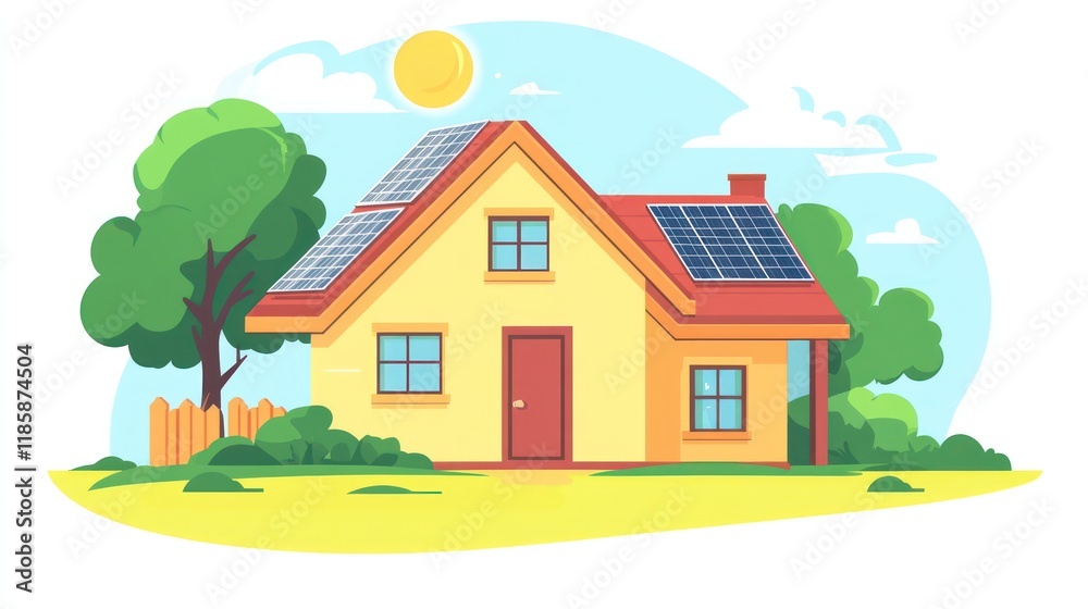 Solar-powered modern house in a suburban setting, photovoltaic panels on the gable roof, bright morning sunlight emphasizing clean energy design Solar-powered modern house in a suburban setting, photovoltaic panels on the gable roof, bright morning sunlight emphasizing clean energy design
