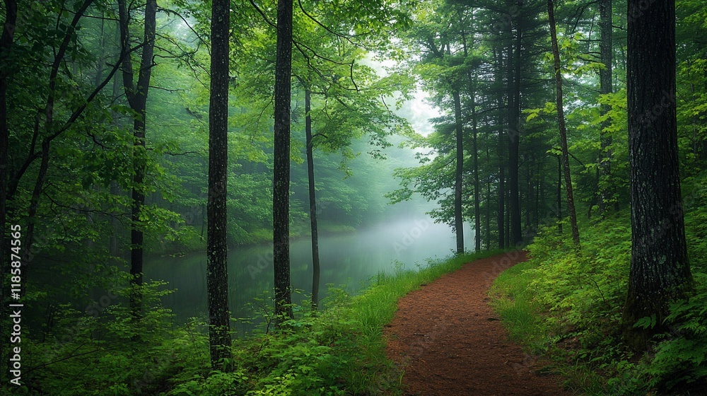 Obraz premium Misty forest path alongside calm lake.