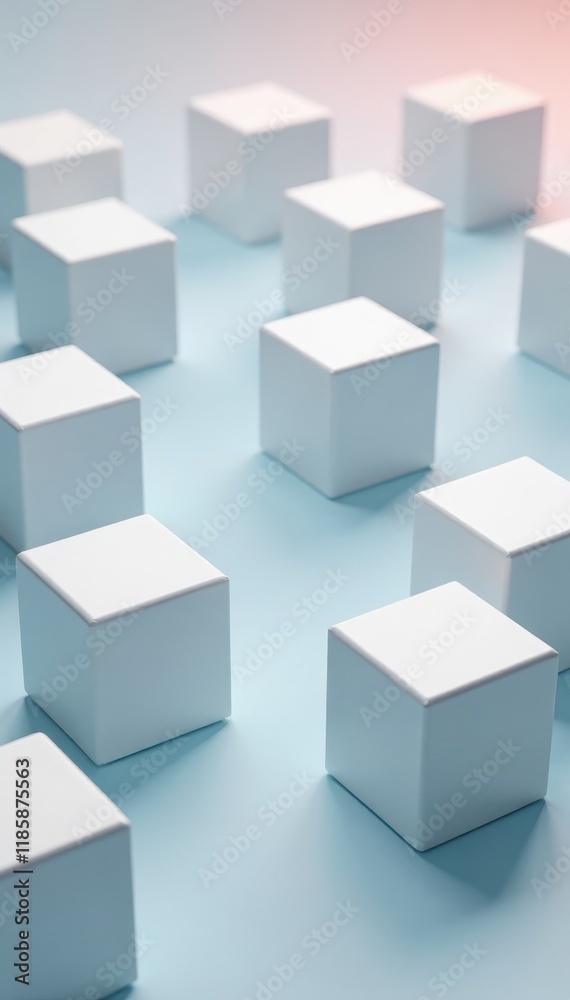 Randomly arranged white cube boxes on a background wallpaper with empty space, plain backdrop , clean layout Randomly arranged white cube boxes on a background wallpaper with empty space, plain backdrop , clean layout