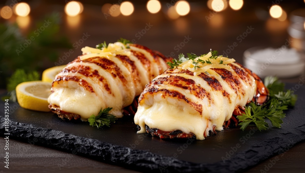 Perfectly grilled lobster tail with lemon slices and fresh herbs Perfectly grilled lobster tail with lemon slices and fresh herbs