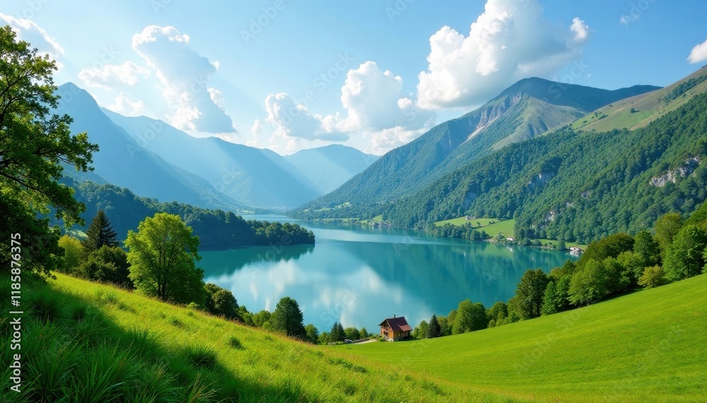 Rolling hills and lush greenery surrounding Baie d'Escalgrain with a tranquil lake in the background , countryside, forest Rolling hills and lush greenery surrounding Baie d'Escalgrain with a tranquil lake in the background , countryside, forest