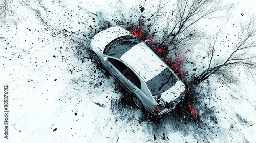 Car accident scene isolated against a white background, highlighting the impact and aftermath of the crash.  photo