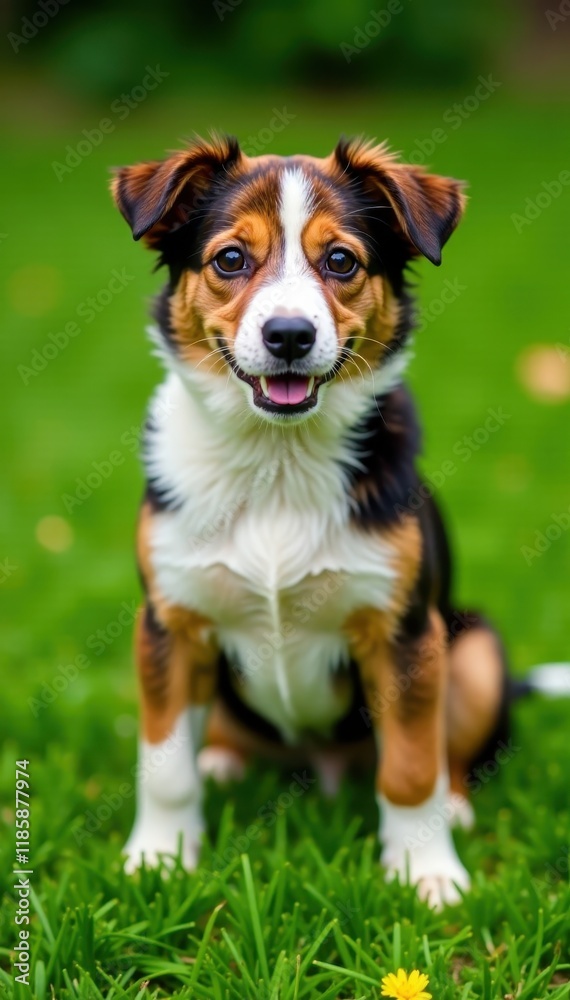 small mix-breed dog sitting on grass lawn with paws spread apart, animals, breed mix small mix-breed dog sitting on grass lawn with paws spread apart, animals, breed mix