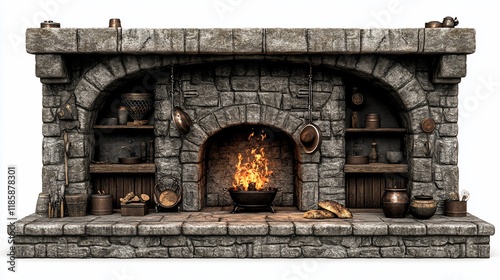Majestic Medieval Fireplace: A 3D Render of a Stone Fireplace with Rustic Charm
