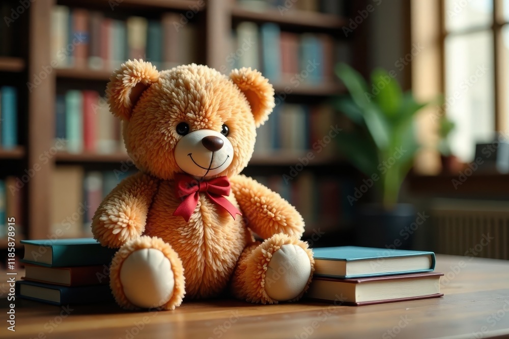 Soft teddy bear surrounded by books on a wooden desk in a quiet library, teddy, bookshelf Soft teddy bear surrounded by books on a wooden desk in a quiet library, teddy, bookshelf