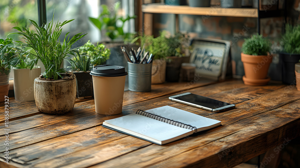 Productive workspace setup with a planner, phone, and coffee cup for weekly planning Productive workspace setup with a planner, phone, and coffee cup for weekly planning