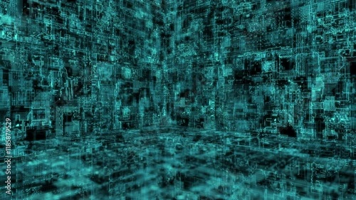 A futuristic, digitally generated abstract motion matrix in a cyber environment, showcasing big data analytics and AI simulation, perfect for use as a digital background in motion videos.