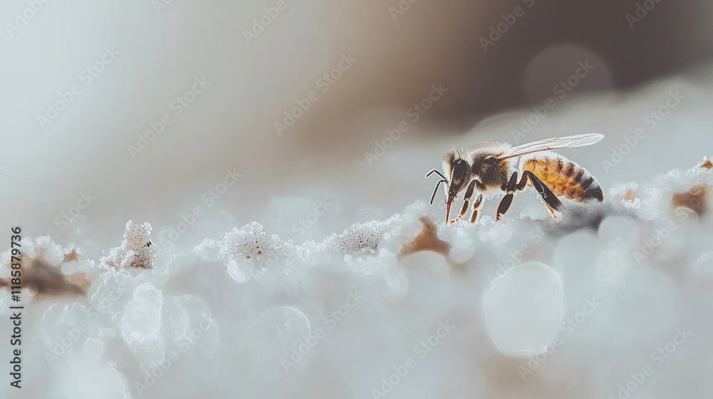 Obraz premium Close-up of a honeybee on a white surface.