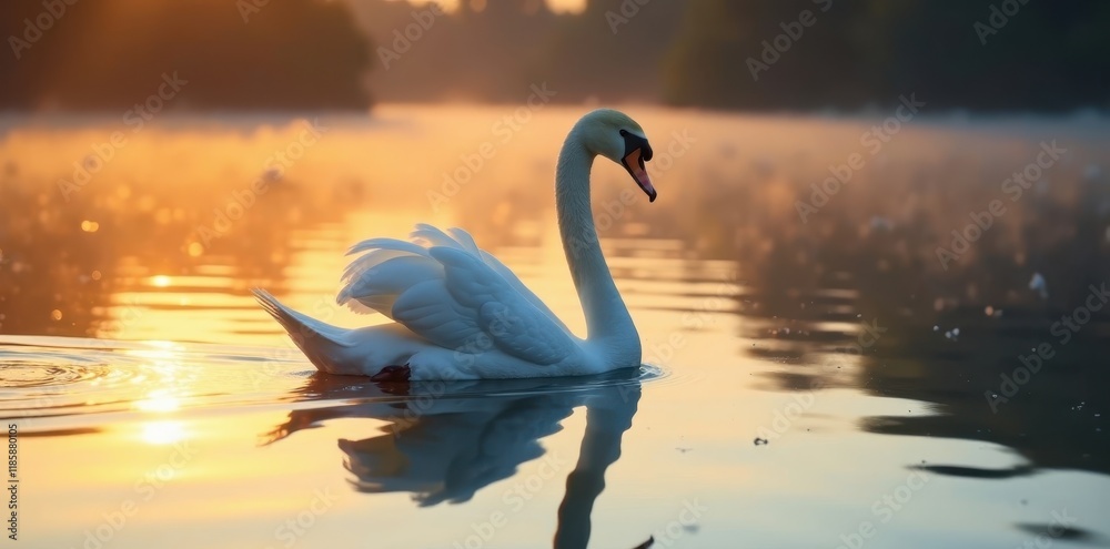 Fototapeta premium Swan gliding on tranquil lake surface at morning sunrise, natural scenery, lake