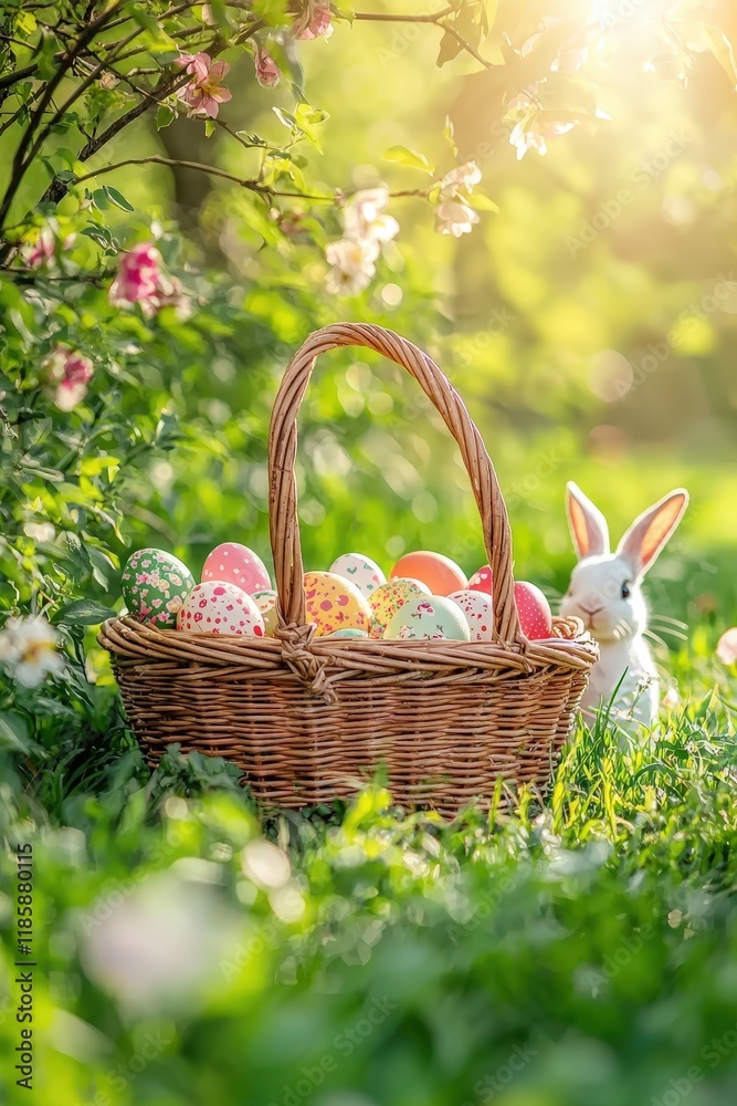 basket with eggs and Easter bunny. Selective focus basket with eggs and Easter bunny. Selective focus