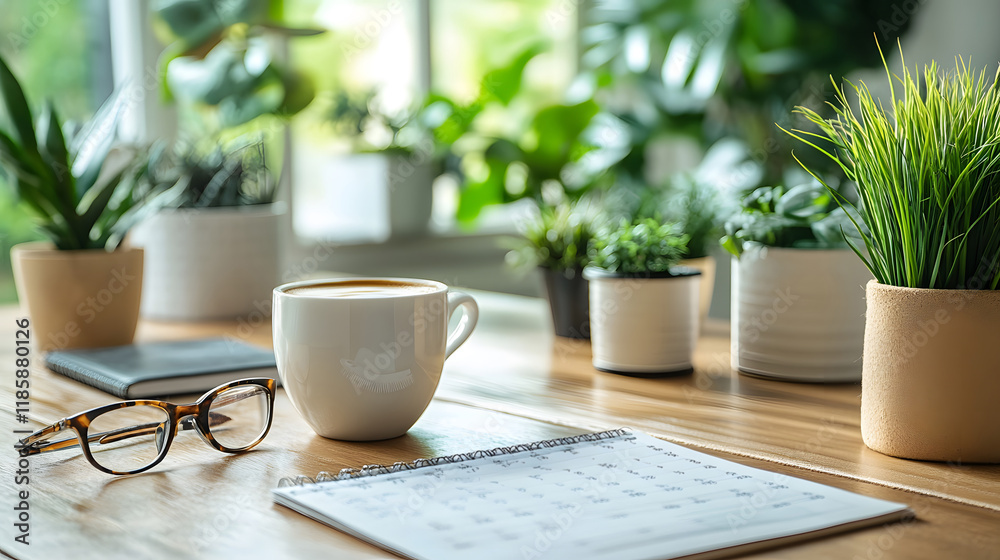Minimalist desk scene with calendar, coffee, and glasses, individual preparing for the week Minimalist desk scene with calendar, coffee, and glasses, individual preparing for the week
