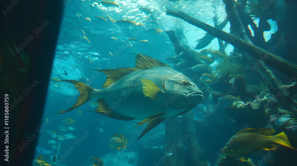 Fototapeta premium Large fish swims in an aquarium, coral reef background. Possible use educational or nature.