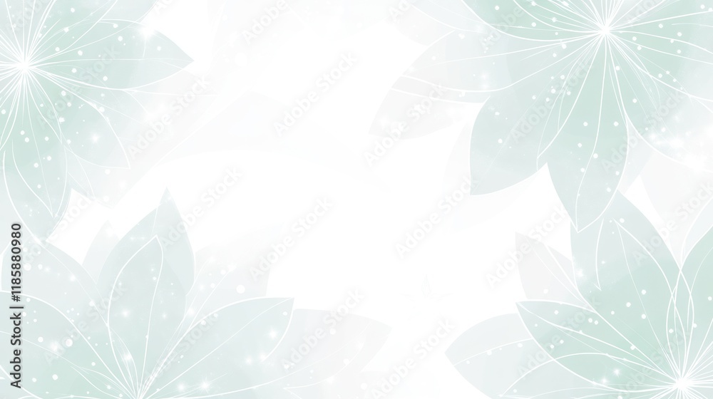 Obraz premium Soft green floral frame on white background with sparkles.