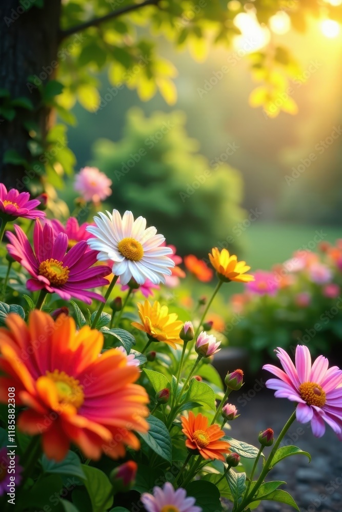 Vibrant garden with colorful flowers blooming in the sun, colorful, petals Vibrant garden with colorful flowers blooming in the sun, colorful, petals