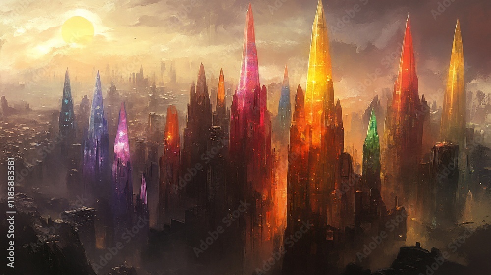 Obraz premium Crystal Cityscape: A Fantasy Metropolis at Sunset
