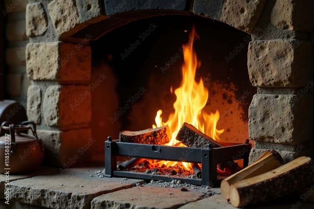 Burning wood on a stone hearth with a metal grate, stone hearth, sparks, cozy Burning wood on a stone hearth with a metal grate, stone hearth, sparks, cozy