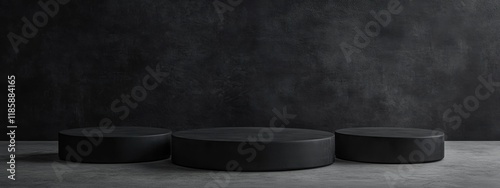 Wallpaper Mural Minimalist presentation stage featuring round black podiums set against a dark background in a modern event space Torontodigital.ca