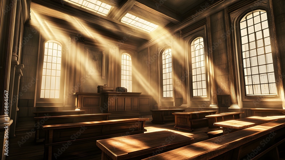 Empty courtroom captured with a wide-angle lens, dramatic lighting emphasizing the judge's bench, showcasing justice, authority, and legal concepts in a minimalist and focused composition Empty courtroom captured with a wide-angle lens, dramatic lighting emphasizing the judge's bench, showcasing justice, authority, and legal concepts in a minimalist and focused composition