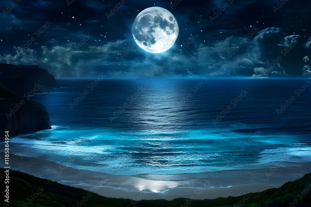 Fototapeta premium Moon Shines Over Ocean Waves, Cliffs, and Beach at Night