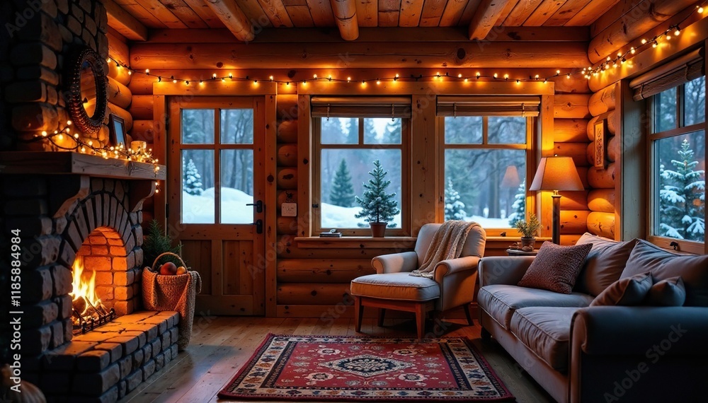 Cozy cabin with warm string lights and fireplace, soft blankets, winter wonderland Cozy cabin with warm string lights and fireplace, soft blankets, winter wonderland