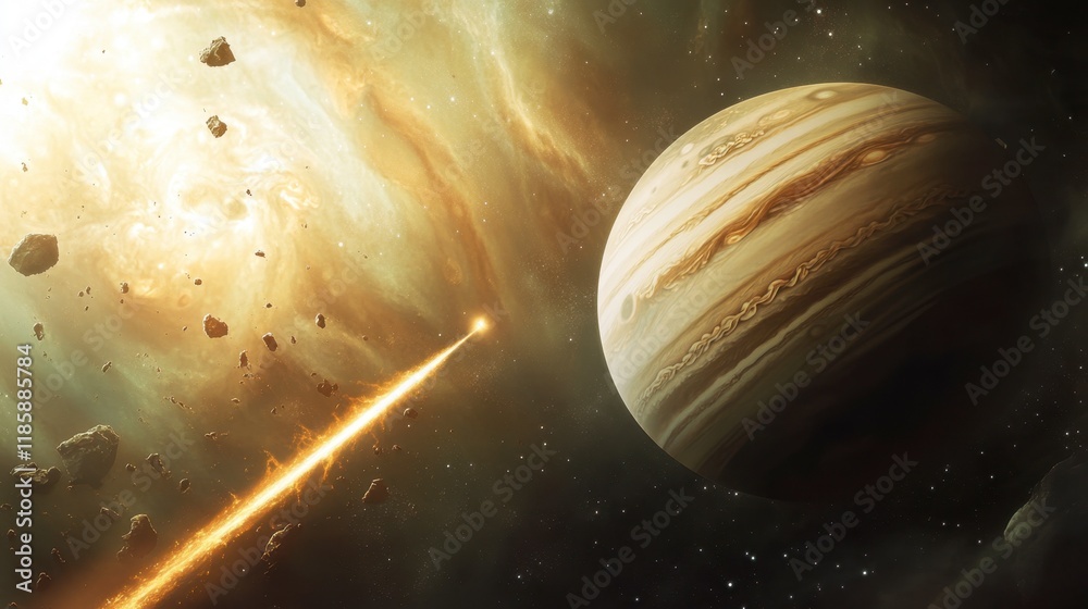 Stunning View of Jupiter Surrounded by Asteroids and Cosmic Elements Stunning View of Jupiter Surrounded by Asteroids and Cosmic Elements