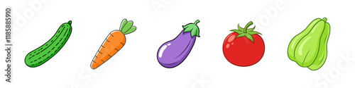 Illustration of Fresh Vegetables Variety  - A colorful illustration featuring cucumber, carrot, eggplant, tomato, and chayote, highlighting fresh and healthy vegetables for cooking and salads. 