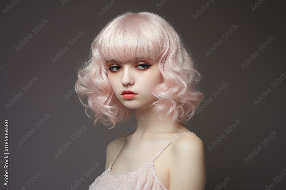 Studio portrait of a young woman with stylish pink curly hair and bangs, showcasing a trendy and fashionable hairstyle Studio portrait of a young woman with stylish pink curly hair and bangs, showcasing a trendy and fashionable hairstyle