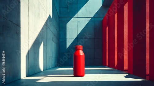 Wallpaper Mural Vibrant red soda bottle mockup stands alone in a geometric space, illuminated by striking shadows and bright colors, evoking modernity. Torontodigital.ca