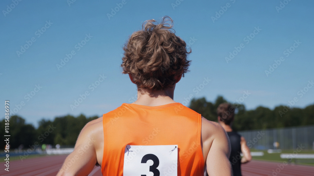 Naklejka premium male runner in orange tank top prepares to start race on outdoor track, showcasing determination and focus under clear blue sky