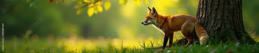 Fototapeta premium Foxy body arched in a tree with morning dew on its fur, tree, foxy