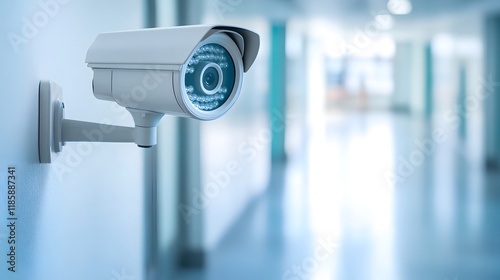 Modern hospital hallway with a single surveillance camera, minimalistic design and shallow depth of field, emphasizing security, technology, and clean architecture, featuring ample copy space