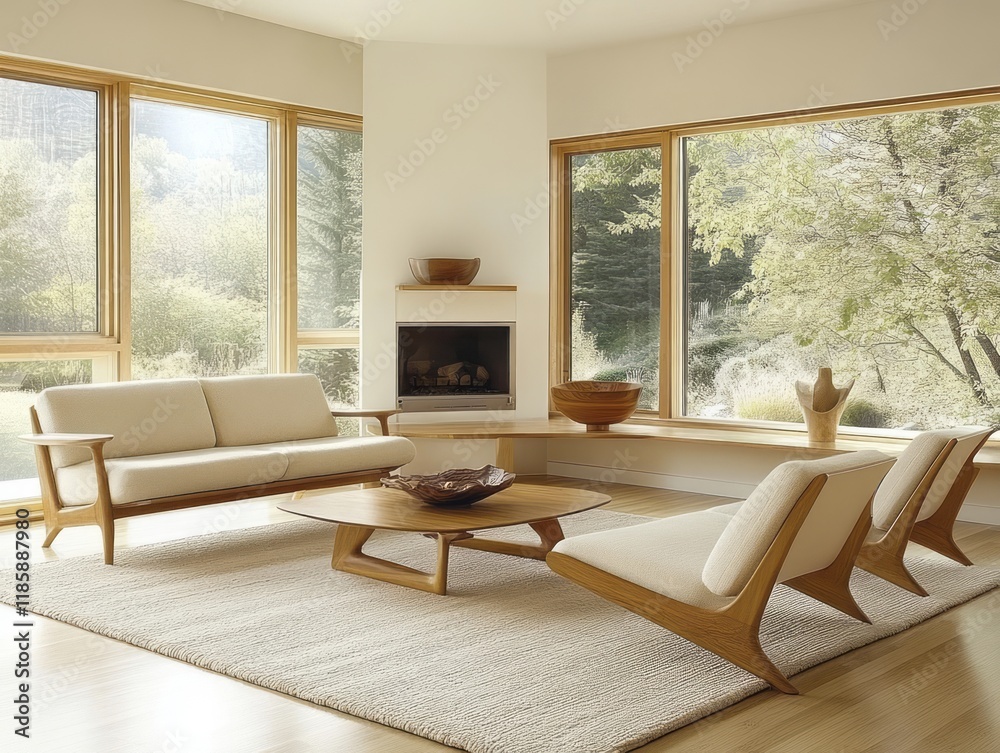 Fototapeta premium Modern Living Room With Wooden Furniture And Large Windows