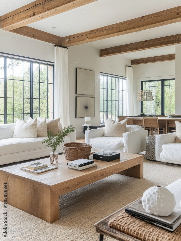 Fototapeta premium Modern Farmhouse Living Room Design With Exposed Beams