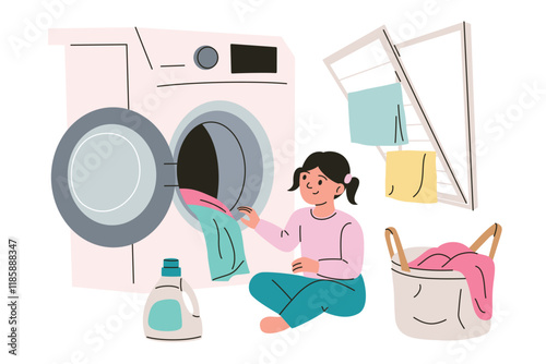 Vector illustration in flat cartoon style, little girl doing laundry, composition with washing machine, laundry basket, clothes drying rack, and detergent bottle, cute character, colored clipart
