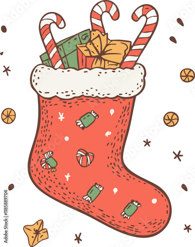 Festive Christmas stocking filled with gifts and candy canes illustration.