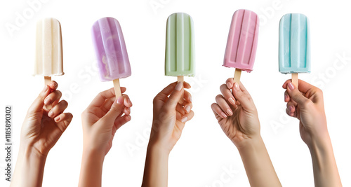Collection set of hand holding colourful pastel Ice popsicle lolly ice cream on transparent background cutout, PNG file. Many different flavour. Mockup template for artwork graphic design	
