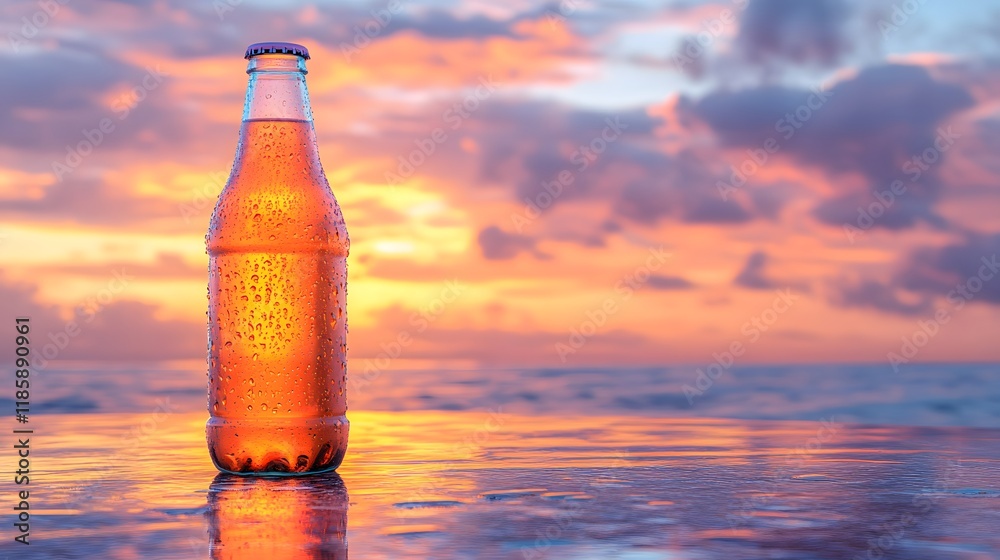 Soda Bottle Mockup shines against a vibrant sunset, showcasing droplets glistening in warm hues of orange and pink. Soda Bottle Mockup shines against a vibrant sunset, showcasing droplets glistening in warm hues of orange and pink.
