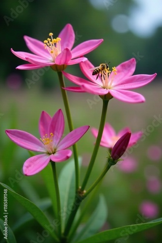 Native Camas flowers with Osmania lignaria collecting nectar, flower gathering, insect life