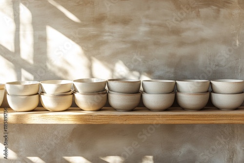 Set of ceramic bowls arranged on a white shelf