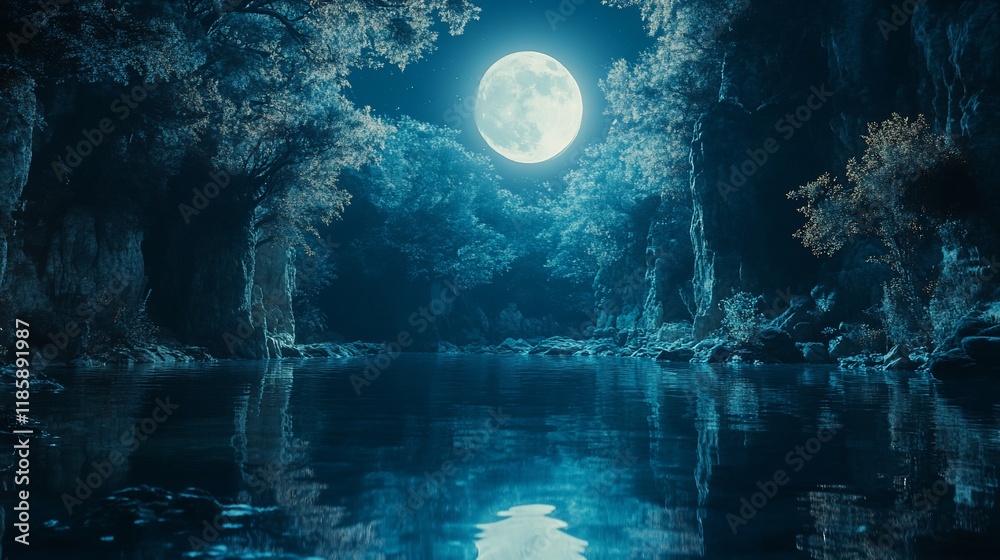 Obraz premium Enchanted Moonlit River: A Serene Night in the Forest