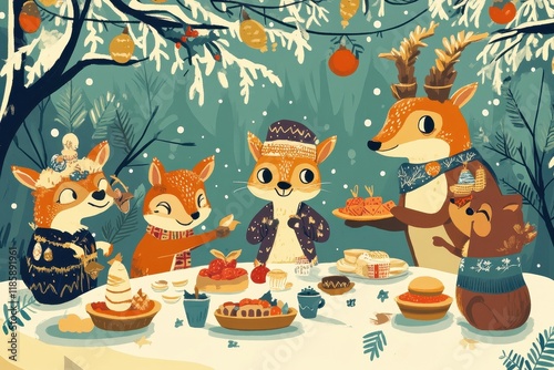 Festive woodland creatures enjoy a winter feast together
