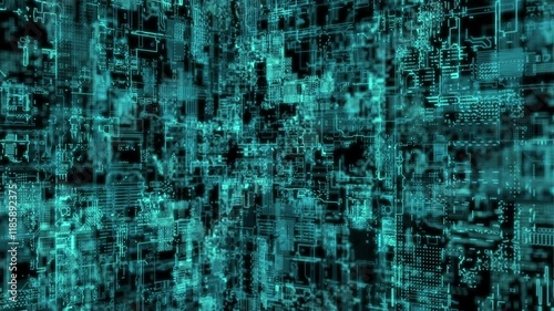 A futuristic, digitally generated abstract motion matrix in a cyber environment, showcasing big data analytics and AI simulation, perfect for use as a digital background in motion videos.