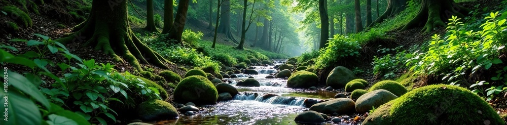 Serene forest stream flowing down mountain slope, foliage, forest, wilderness Serene forest stream flowing down mountain slope, foliage, forest, wilderness