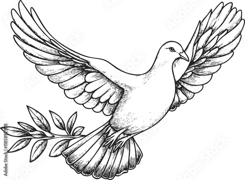 Black and white illustration of a dove with an olive branch.