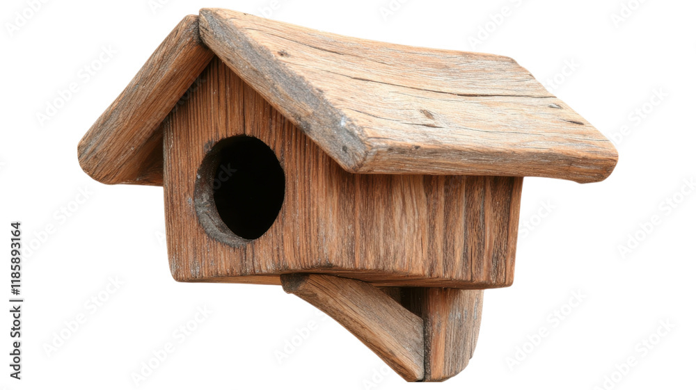Wooden birdhouse with a simple design and natural finish. Wooden birdhouse with a simple design and natural finish.