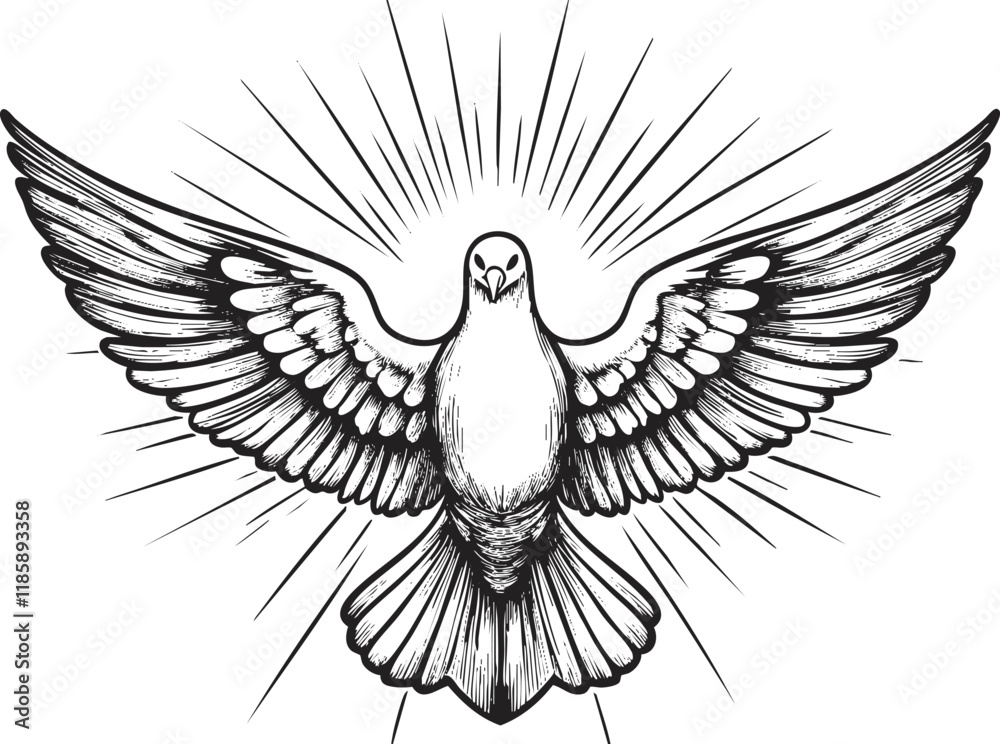 Obraz premium Black and white illustration of a dove with outstretched wings.