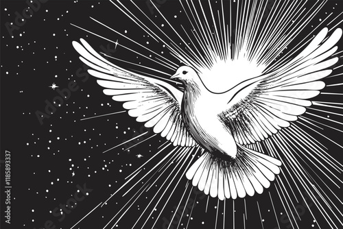 Black and white illustration of a dove flying against a starry background.