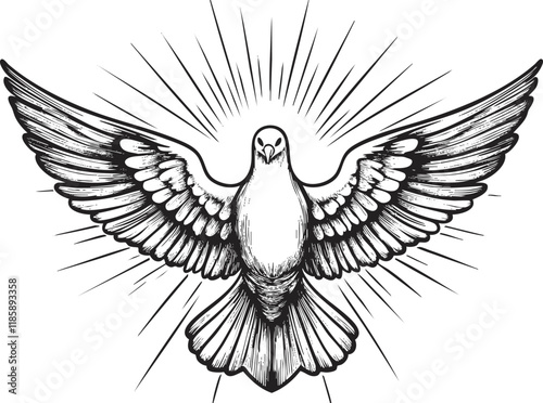 Black and white illustration of a dove with outstretched wings.