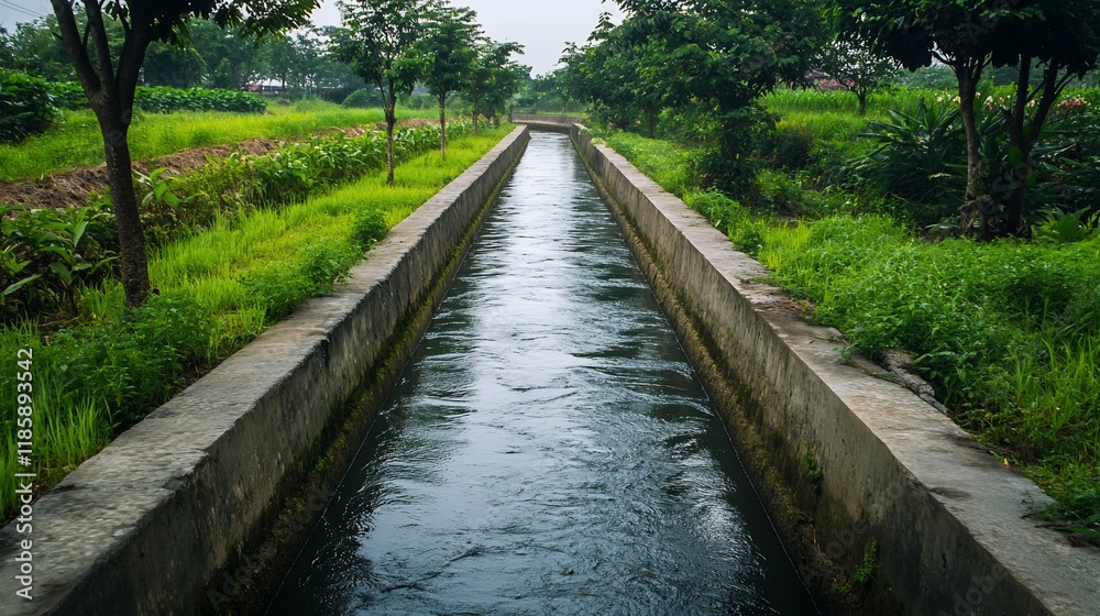Irrigation canal flowing through lush green farmland. Irrigation canal flowing through lush green farmland.